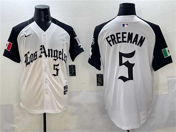 Men%27s Los Angeles Dodgers #5 Freddie Freeman White Black Mexico 2025 LA Gothic Style With Fernando Patch Vapor Premier Limited Stitched Jersey